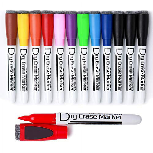 Volcanics Magnetic Dry Erase Markers With Eraser Low Odor Fine Tip Whiteboard Pens Pack of 12, 10 Colors